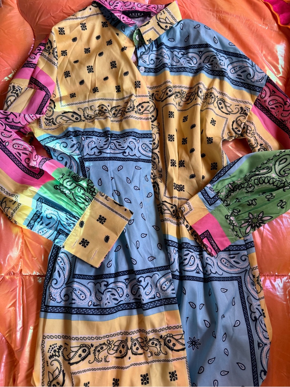 Akira Multicolor Bandana Print Shirt Dress - Yellow/Blue/Pink/Green